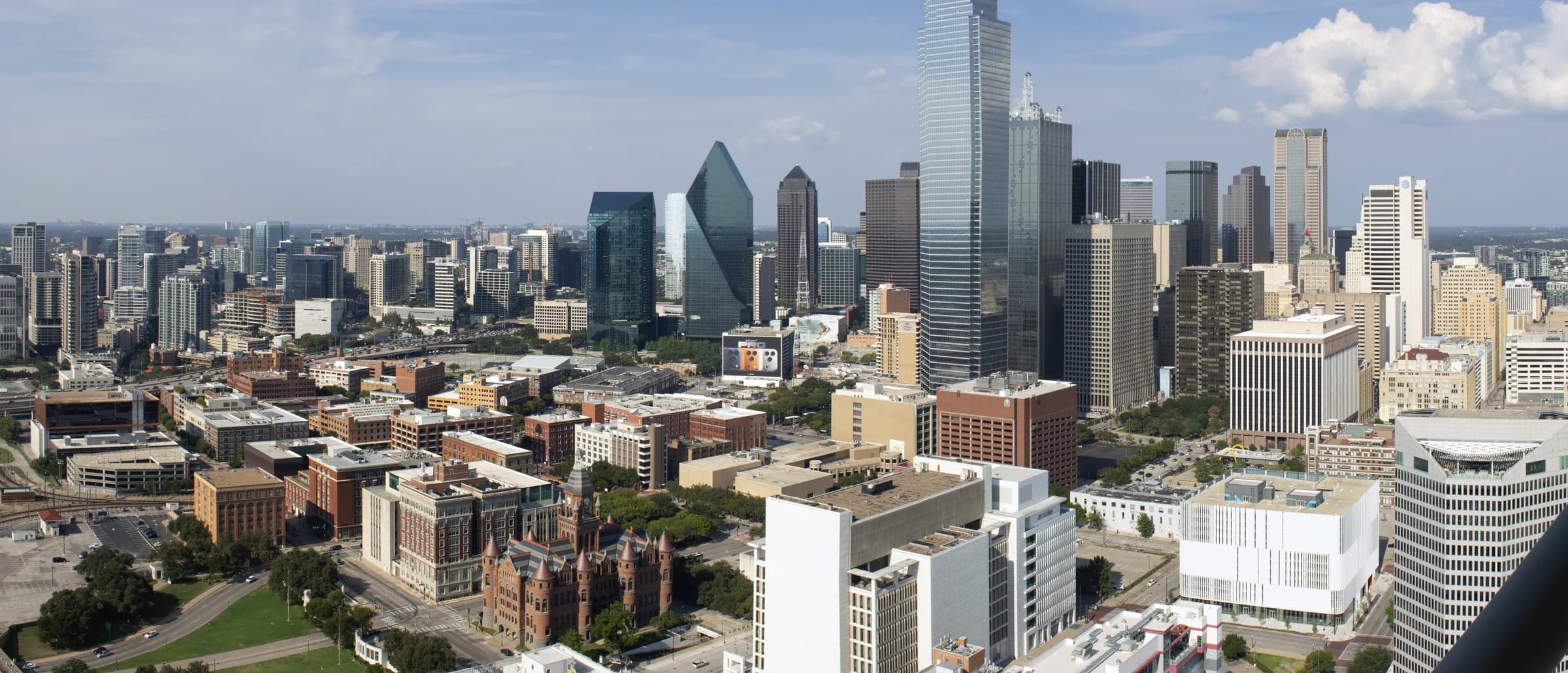 Aerial daytime view of the downtown Dallas, Texas skyline, including the Fountain Place tower, from Reunion Tower.